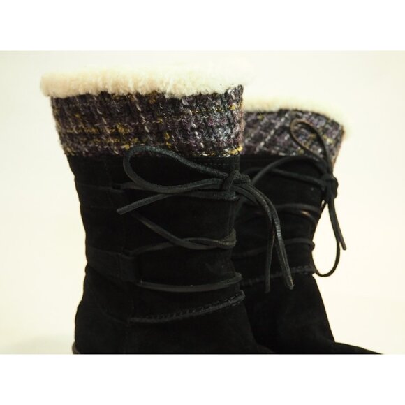 Ugg Black Leather Suede Tweed Cuff Sheepskin Lined Laced Boots, Size 9 (US) - Picture 6 of 12